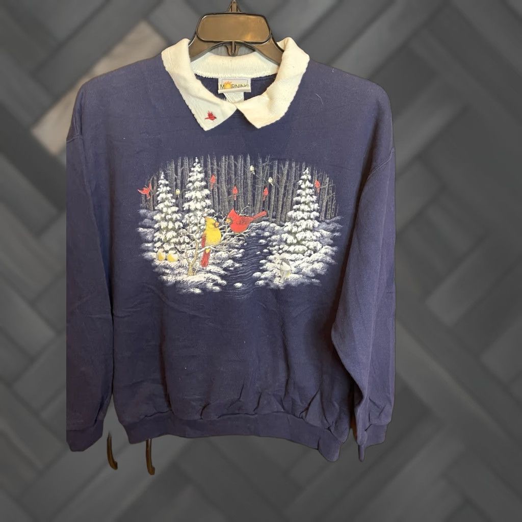 Vintage Morning Sun Sweatshirt Collared Black Christmas Winter Adults L Women Pullover Long