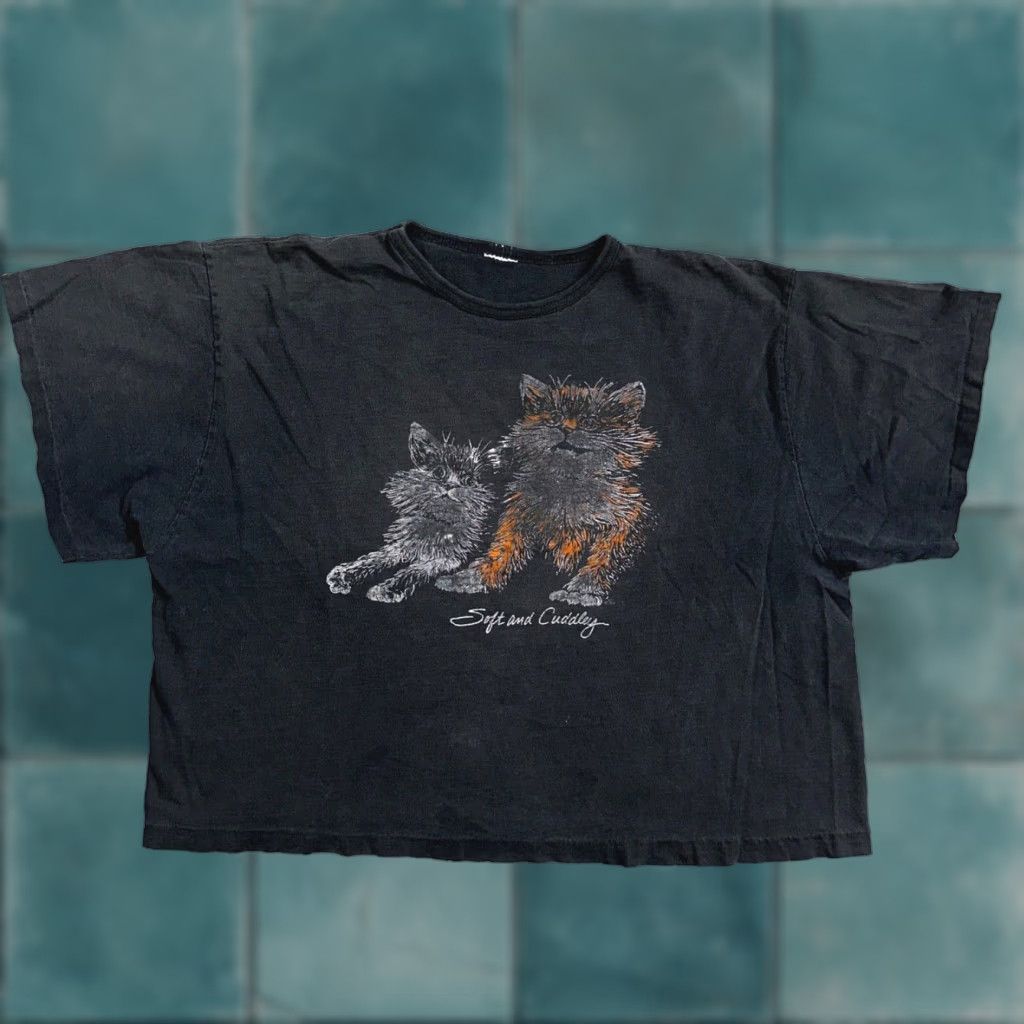 Vintage Cats Soft And Cuddly 1970s Boxy Vtg T Shirt 70s Perfect Black Fade Boxy Animals Shir