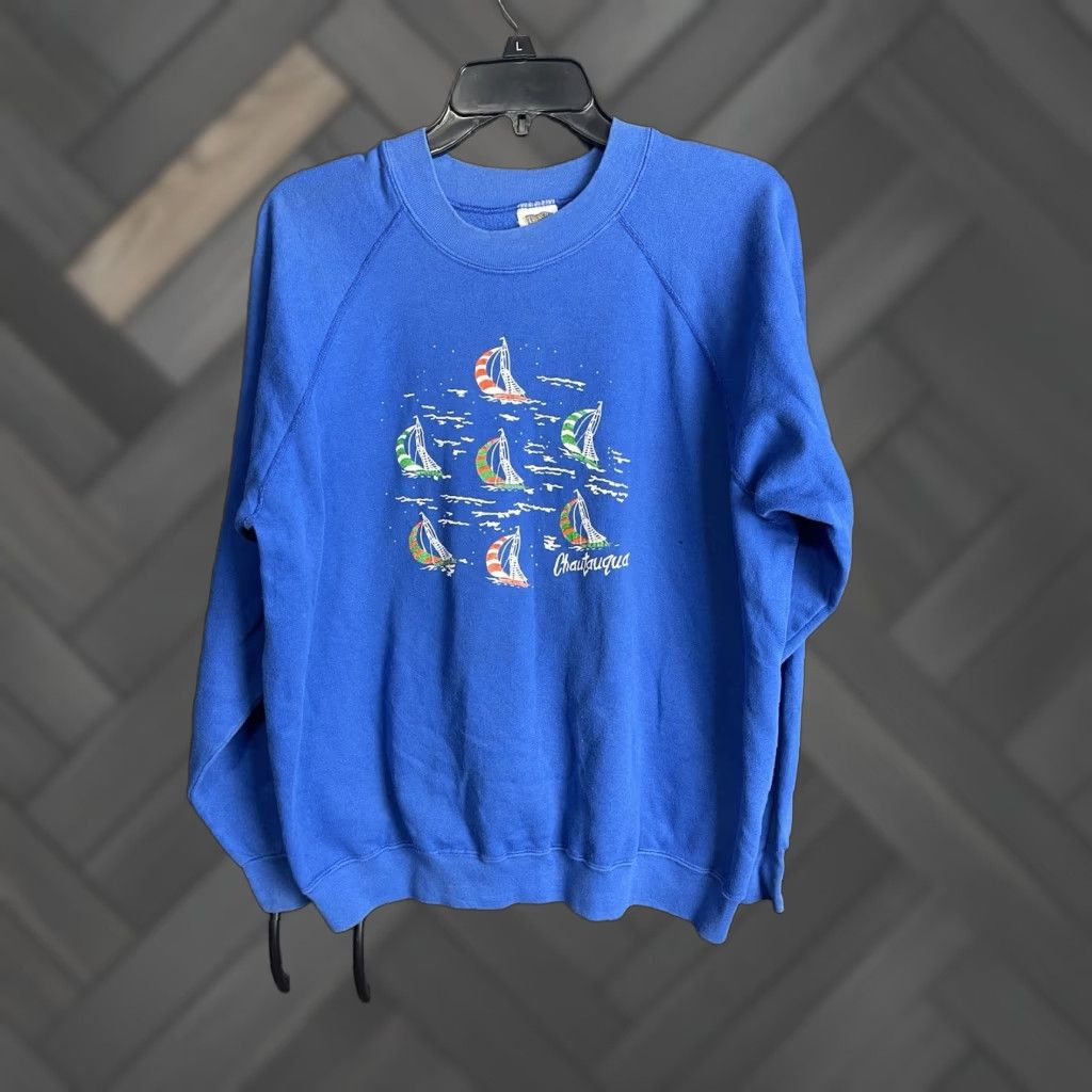Vintage Trench Sweatshirt Blue Adult Large Sailboat Ocean Painted Logo Crew Neck Long Sleeve