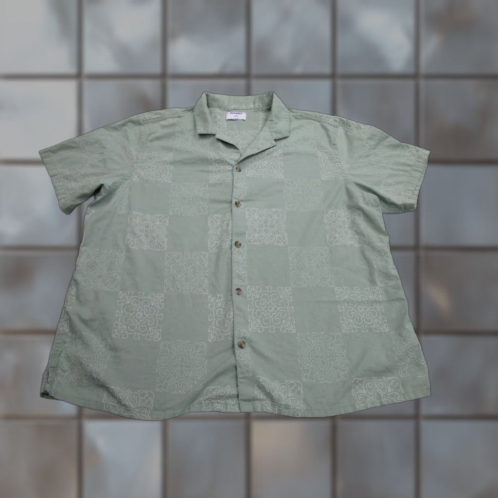Navy Old Navy Shirt Mens 2xl Green Embroidered Camp Linen Rockabilly Resort Beach Casual Floral