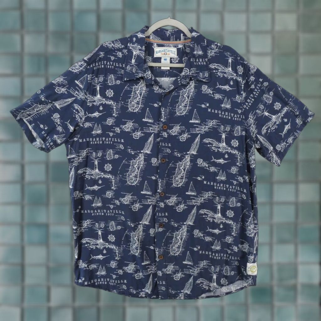 Vintage Margaritaville Shirt Men Xl Short Sleeve Navy Sailing Map Beach Camp Shirt Android