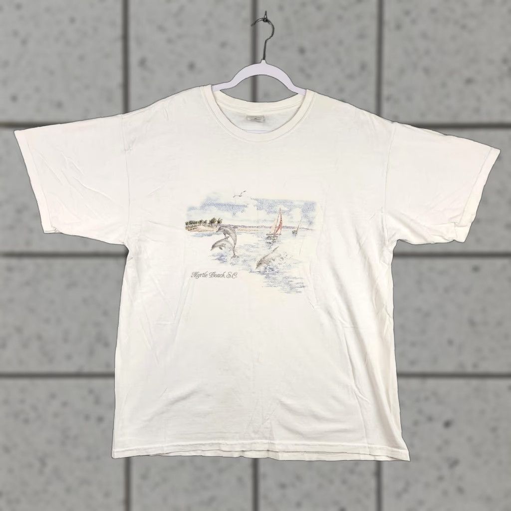 Gildan Vintage Myrtle Beach Sc Shirt Mens Xl White Dolphins Sailboat Ocean Y2k 90s Fade