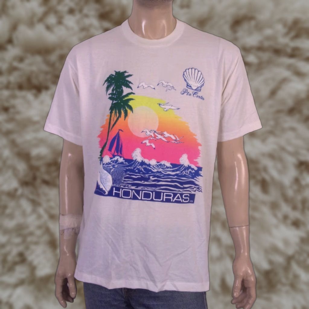 Vintage Pacer T Shirt Neon Puffy Print Honduras 80s Sunset Tropical White Xl Men Short Sleev