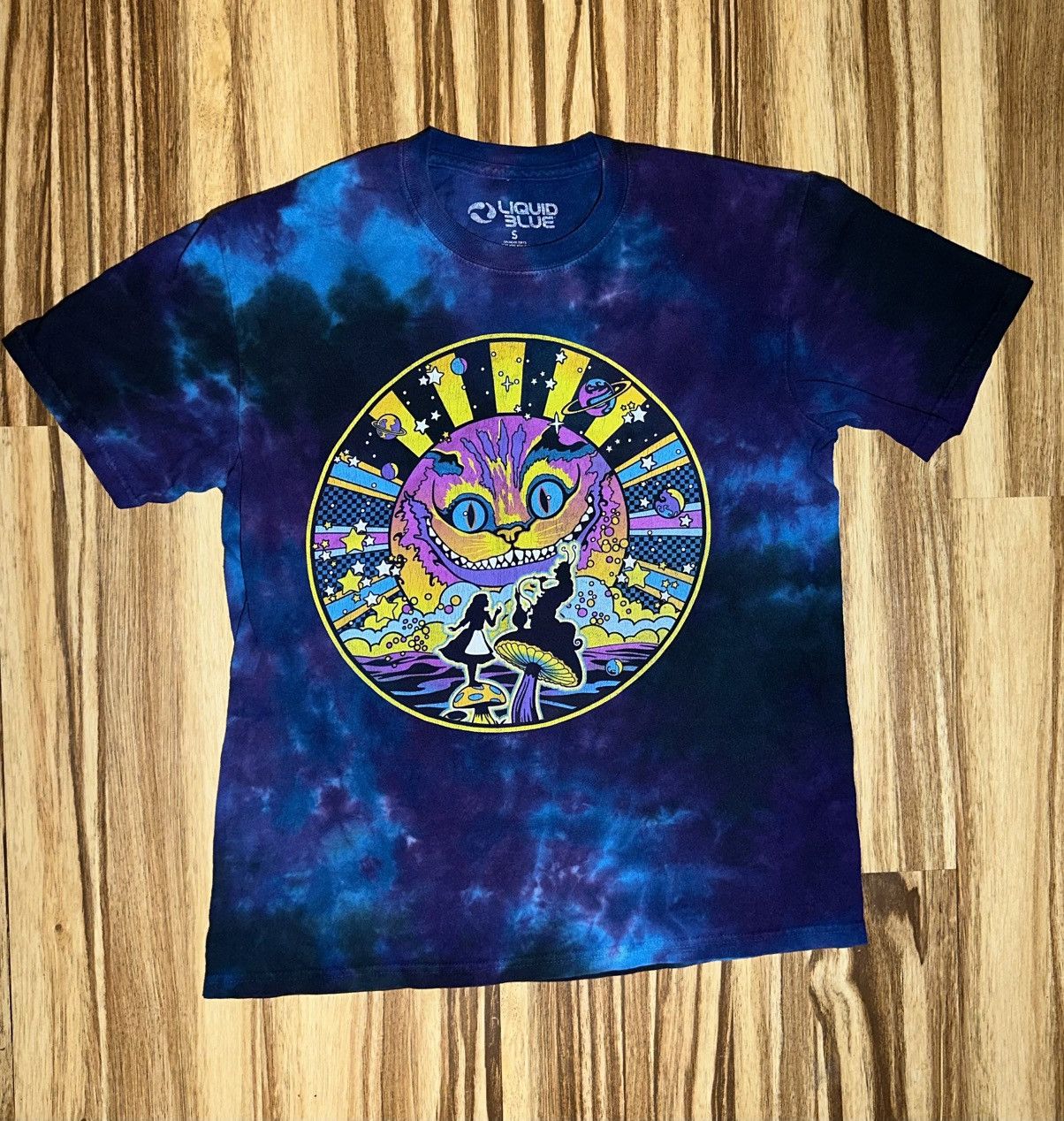 Blue Liquid Blue Alice In Wonderland Psychedelic Cat Tie Dye Tee