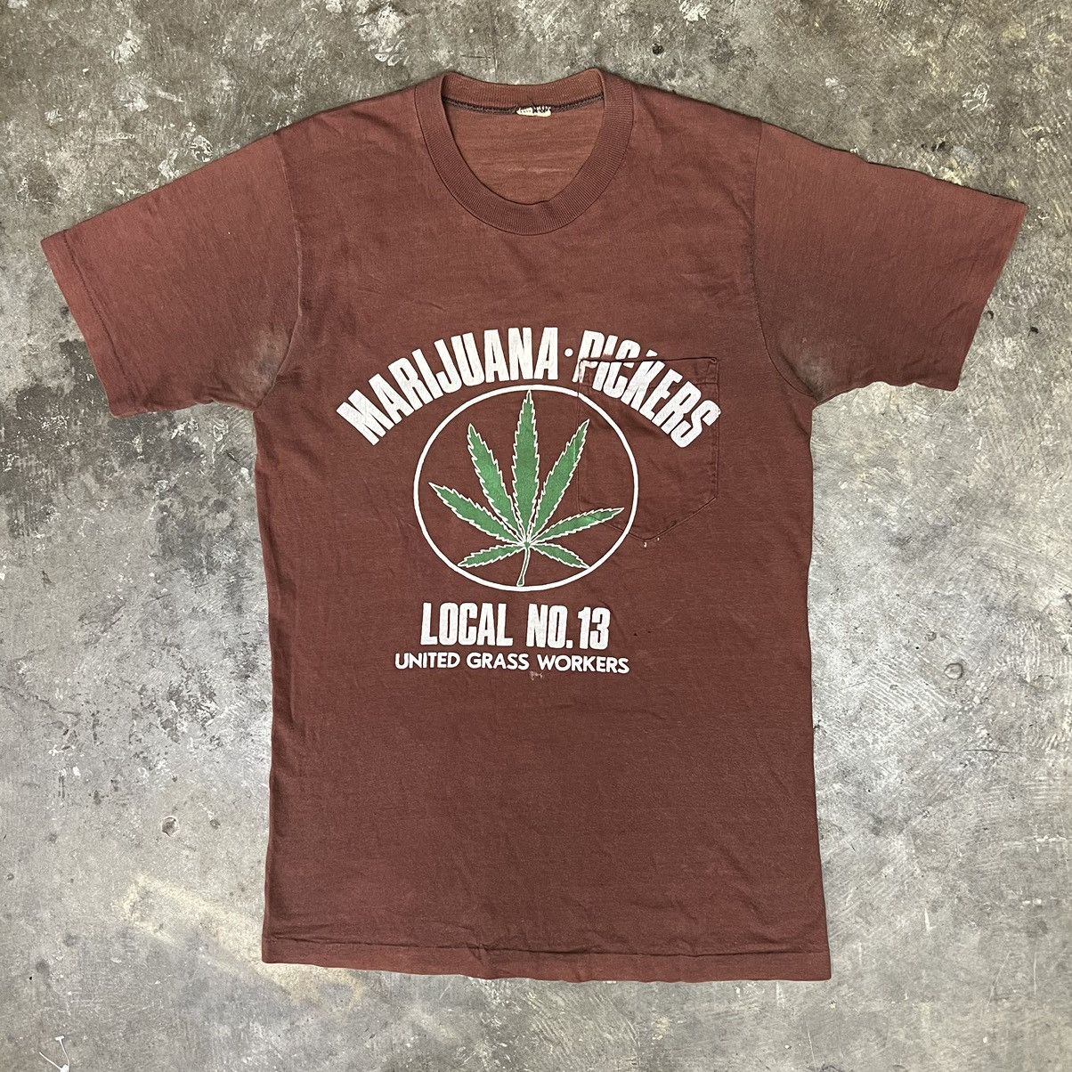 Vintage 70s Marijuana Pickers Pocket T Shirt 420 Parody