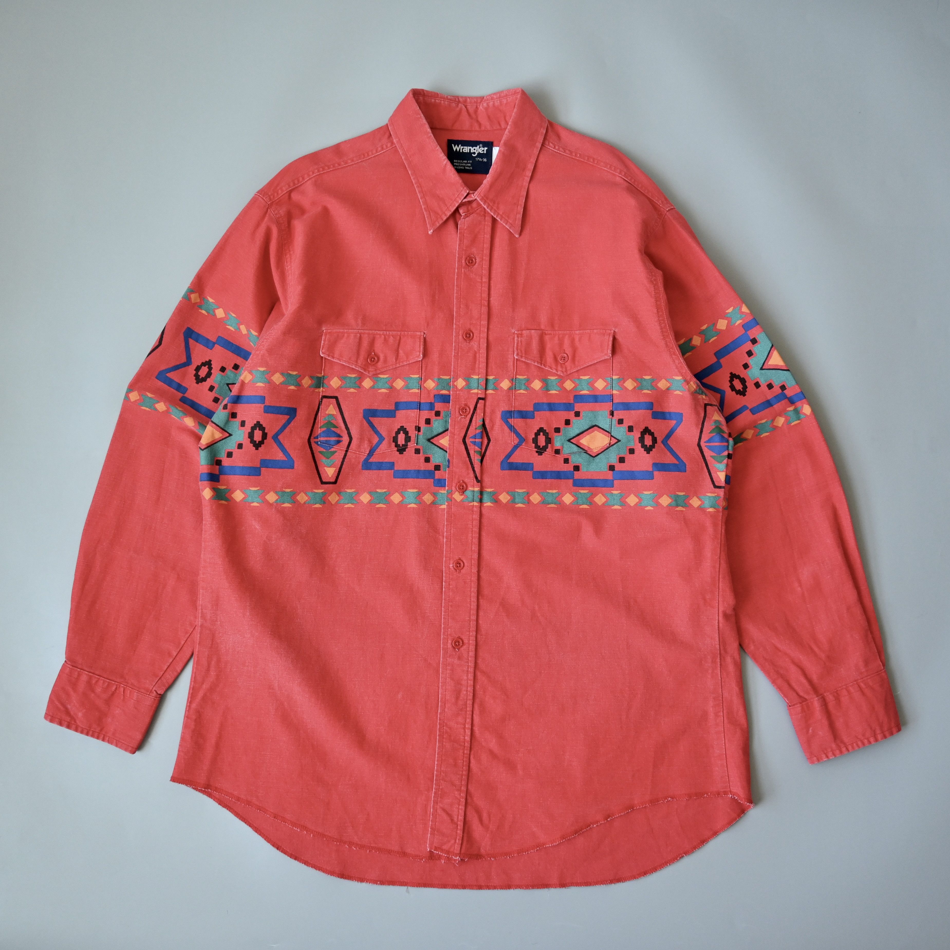 Vintage Vtg Wrangler Brushpopper Shirt Aztec Navajo Poppy Red 17 5