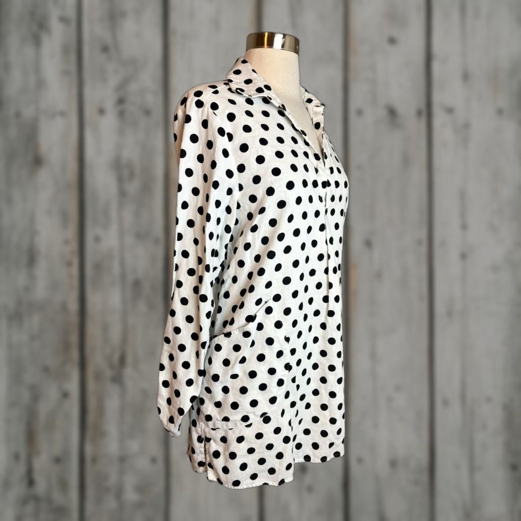 Vintage St Tropez West Women S Tunic Top S White Linen Polka Dot Shirt Beach Bohemian Resort Wear La