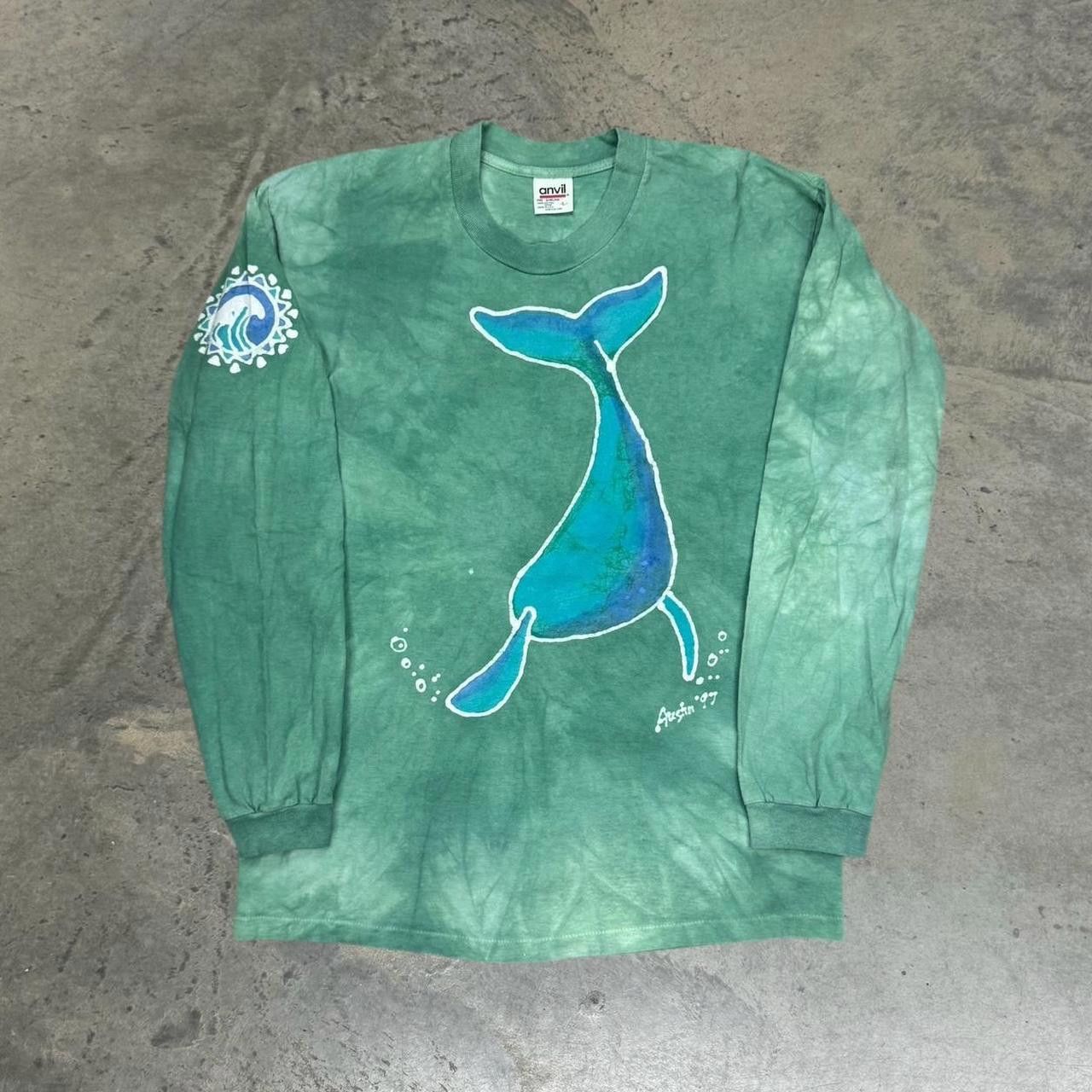 Vintage 90s Liquid Blue Tie Dye Whale Long Sleeve T Shirt