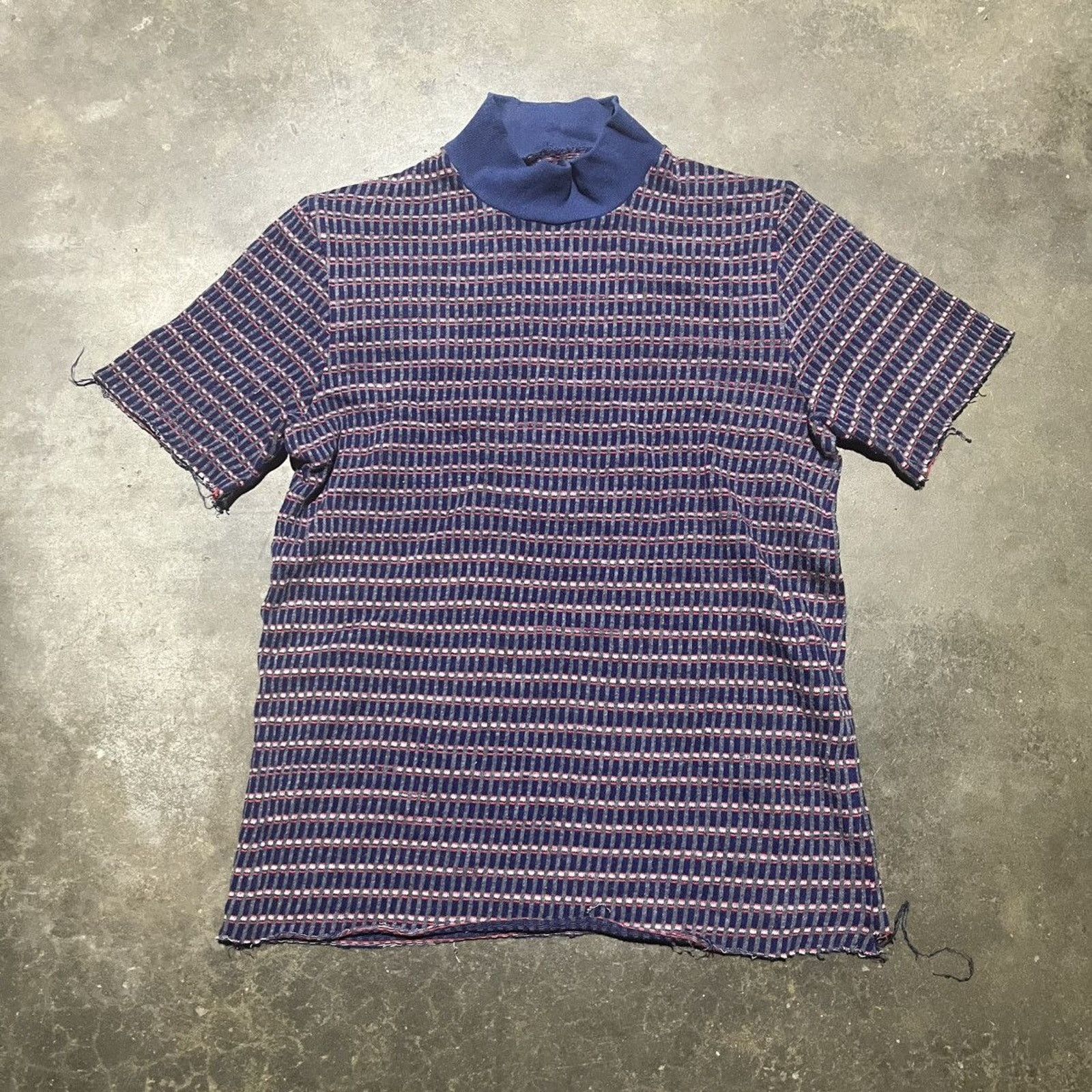 Vintage 60s Navy Red Knit Mock Neck Pattern Shirt