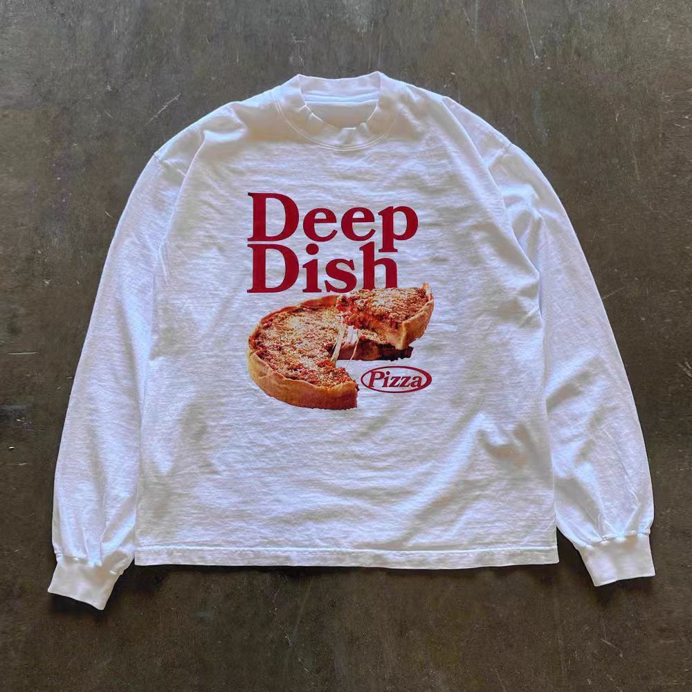 Vintage White Street Washed Retro Pizza Print Long Sleeve T Shirt