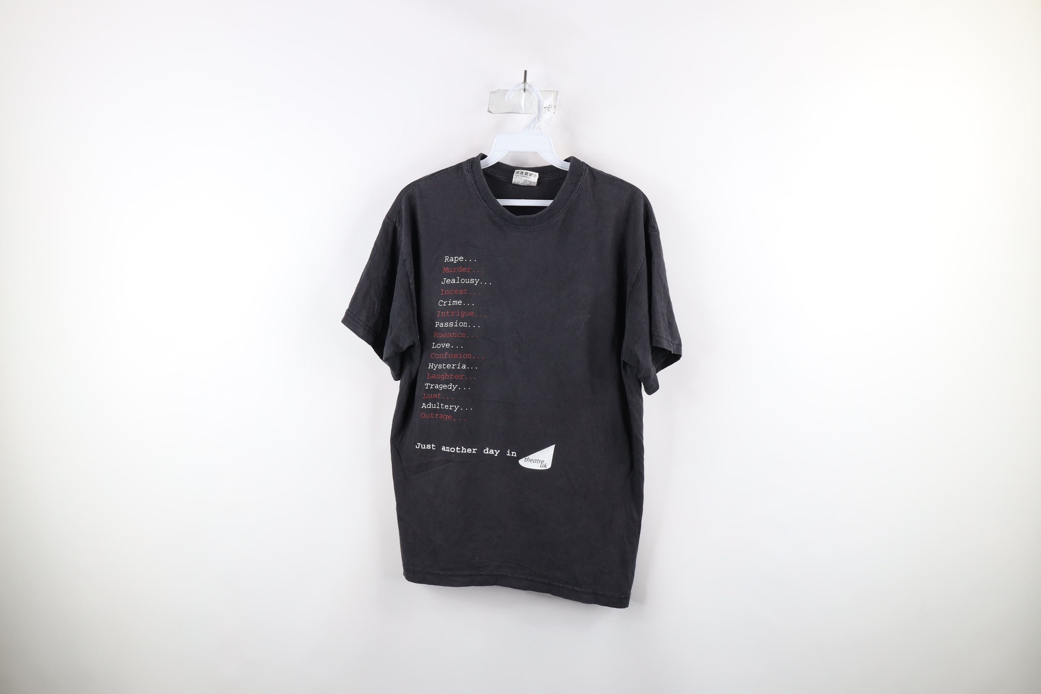 Vintage 90s Streetwear Spell Out Theatre Uk T Shirt Black Hoodie, Sweatshirt | FlexRushtees.com