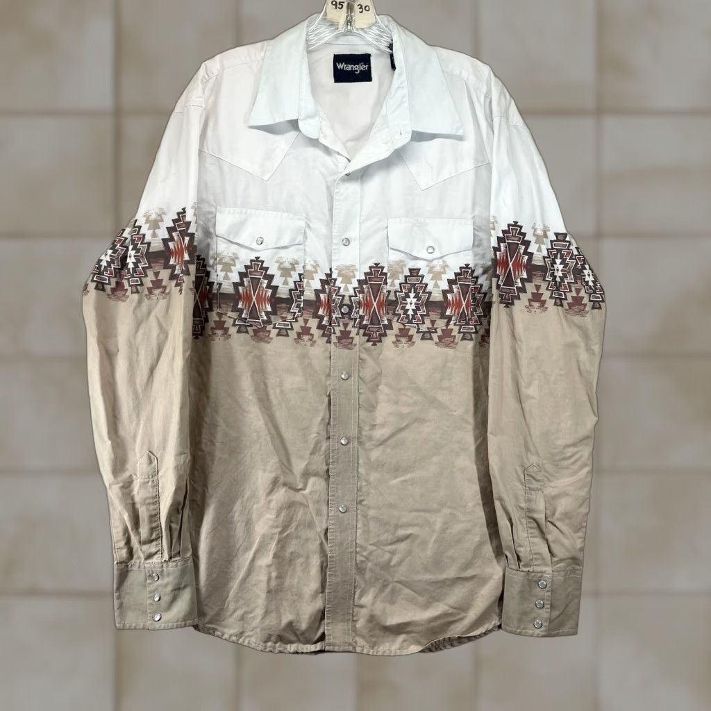Vintage Wrangler Aztec Western Shirt Men S Pearl Snap Navajo Southwest Cowboy L