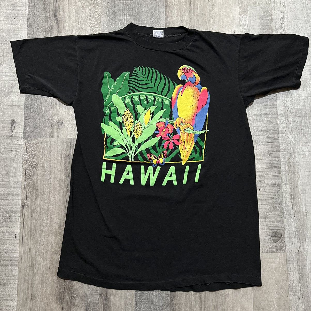 Vintage Vtg Poly Tees Hawaii Black 1990 Neon Tropical Parrot Shirt