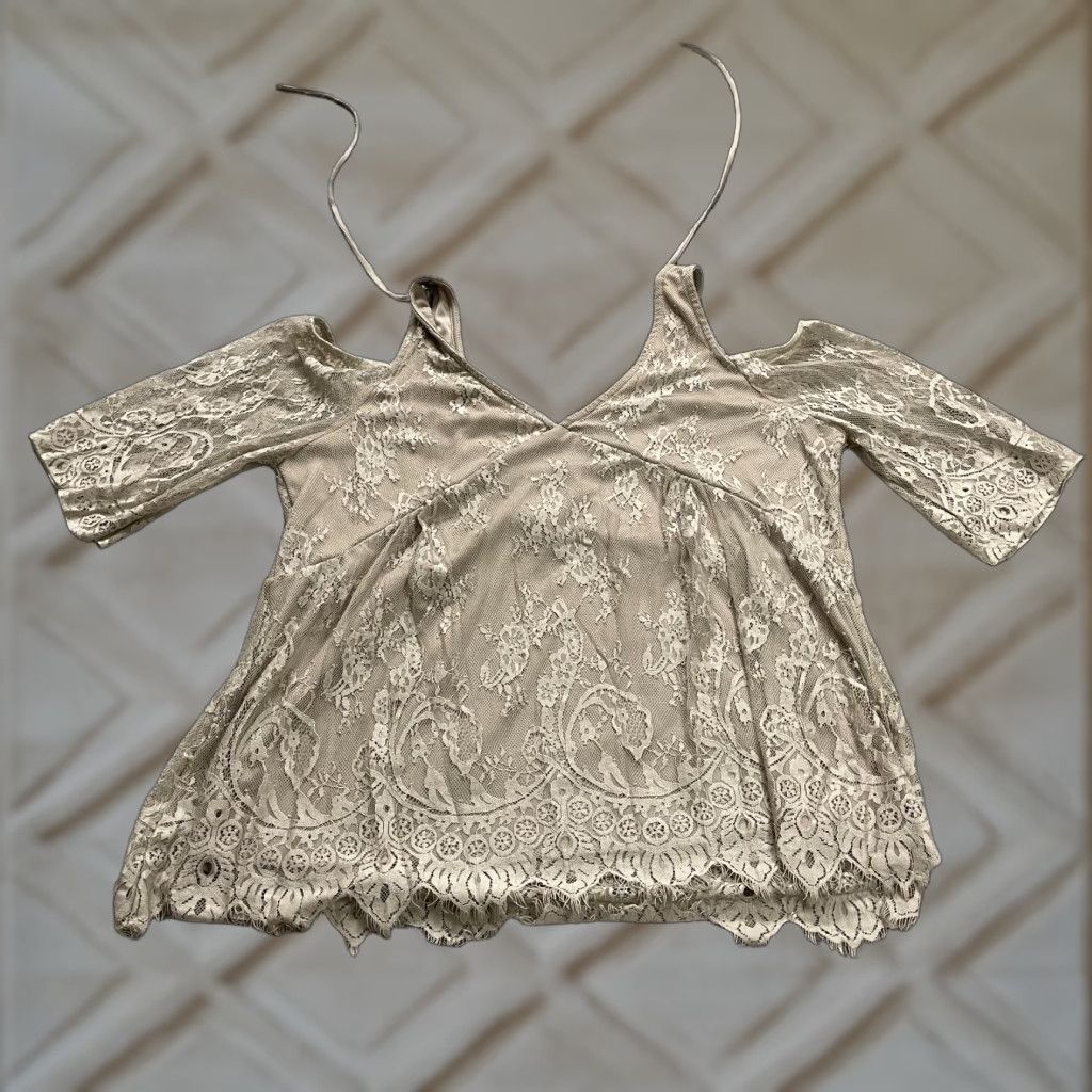 Vintage Maurices Top Womens 1 Brown Half Sleeve Lace Lined Nylon Cold Shoulder Casual