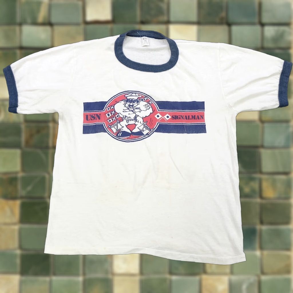 Vintage Rare Adver Tee S Us Navy Shirt Mens L White T Shirt 70s Signal Man Ringer Streetwear