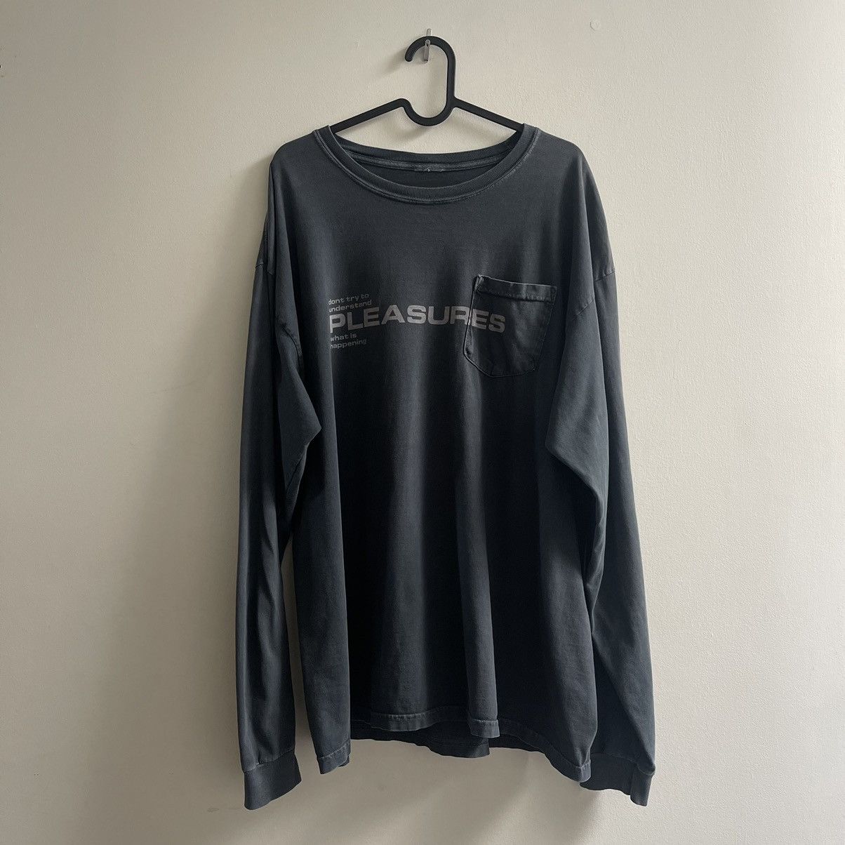 Pleasures Blue Grey Longsleeve Oversized Shirt Hoodie, Sweatshirt | FlexRushtees.com