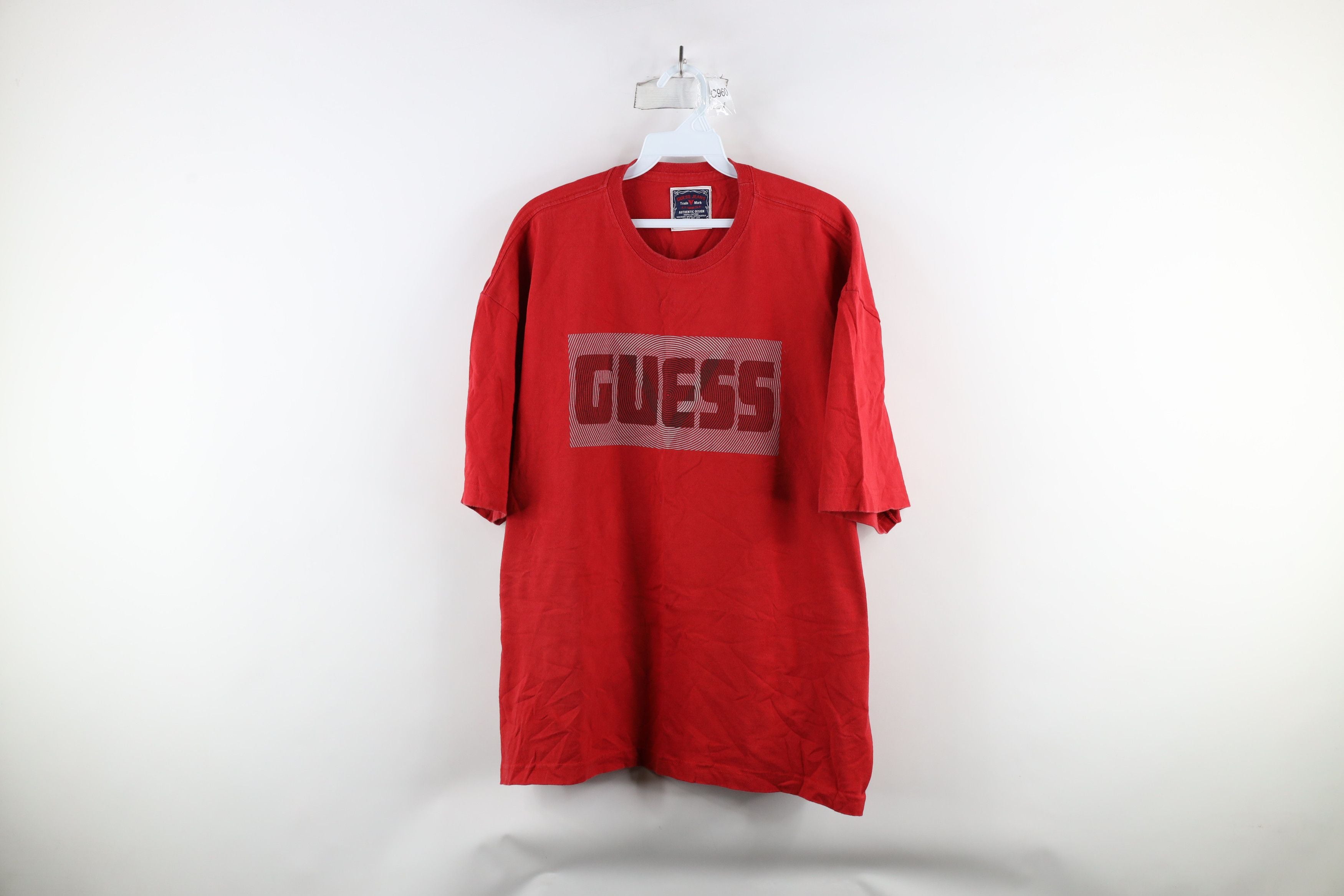 Vintage 90s Guess Spell Out Box Logo Trippy T Shirt Red