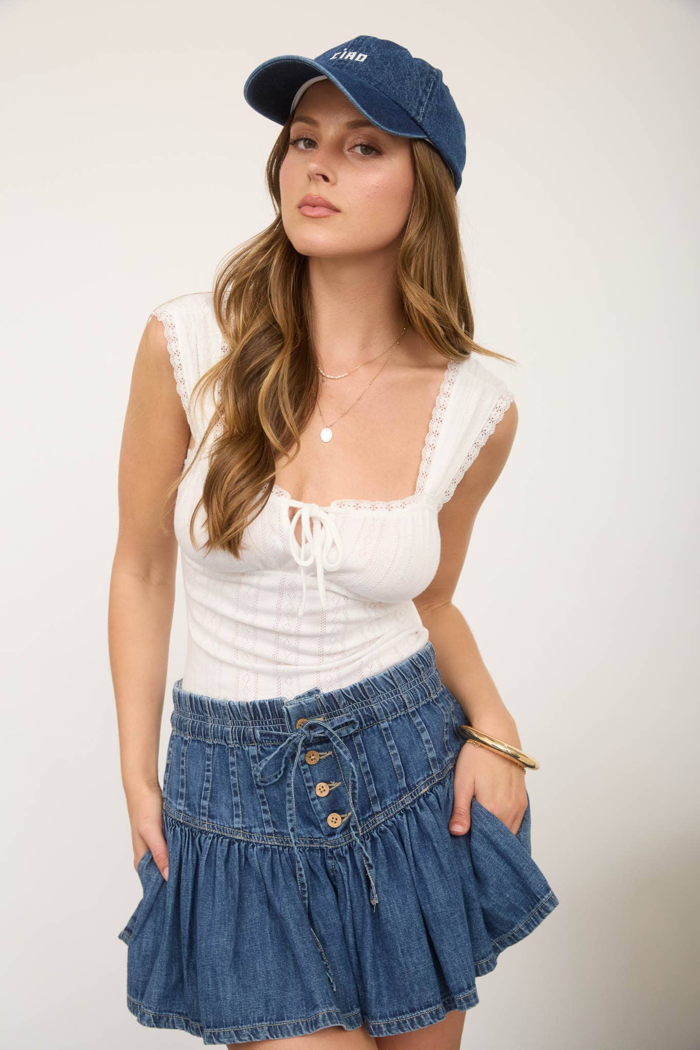 Pointelle Lace Trim Front Tie Sleeveless Knit Top