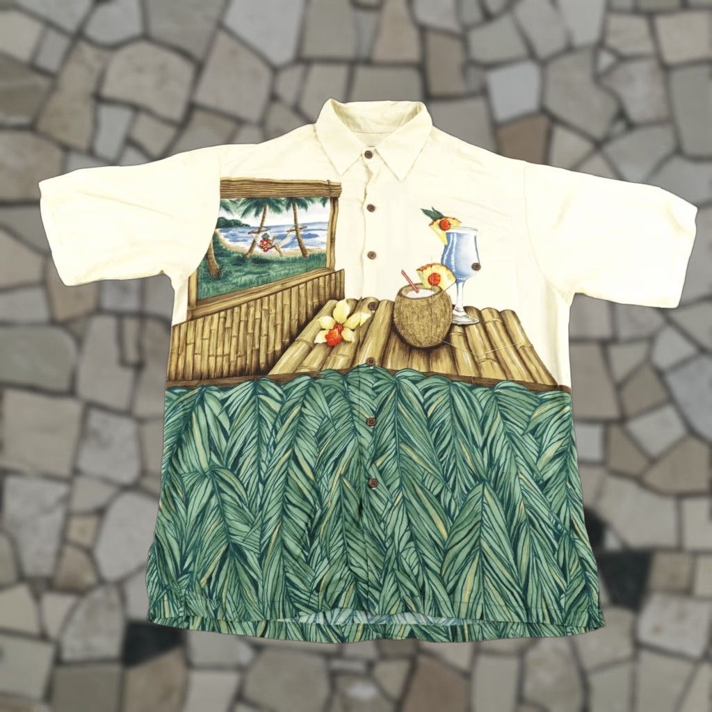 Richard Vintage Tori Richard Hawaiian Shirt Mens Large Green Graphic Print Aloha Casual Tropica