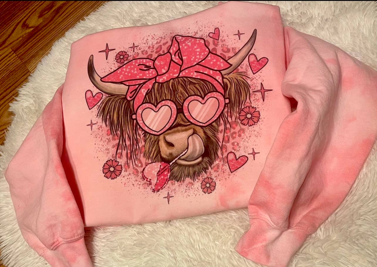 Pink Tie Dye Highland Cow Valentine’S Day Sweatshirt
