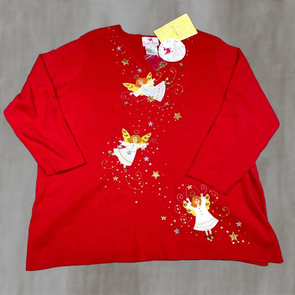 Factory Vintage Quacker Factory Sweater Women 2x Red Christmas Angels V Neck Vtg Y2k