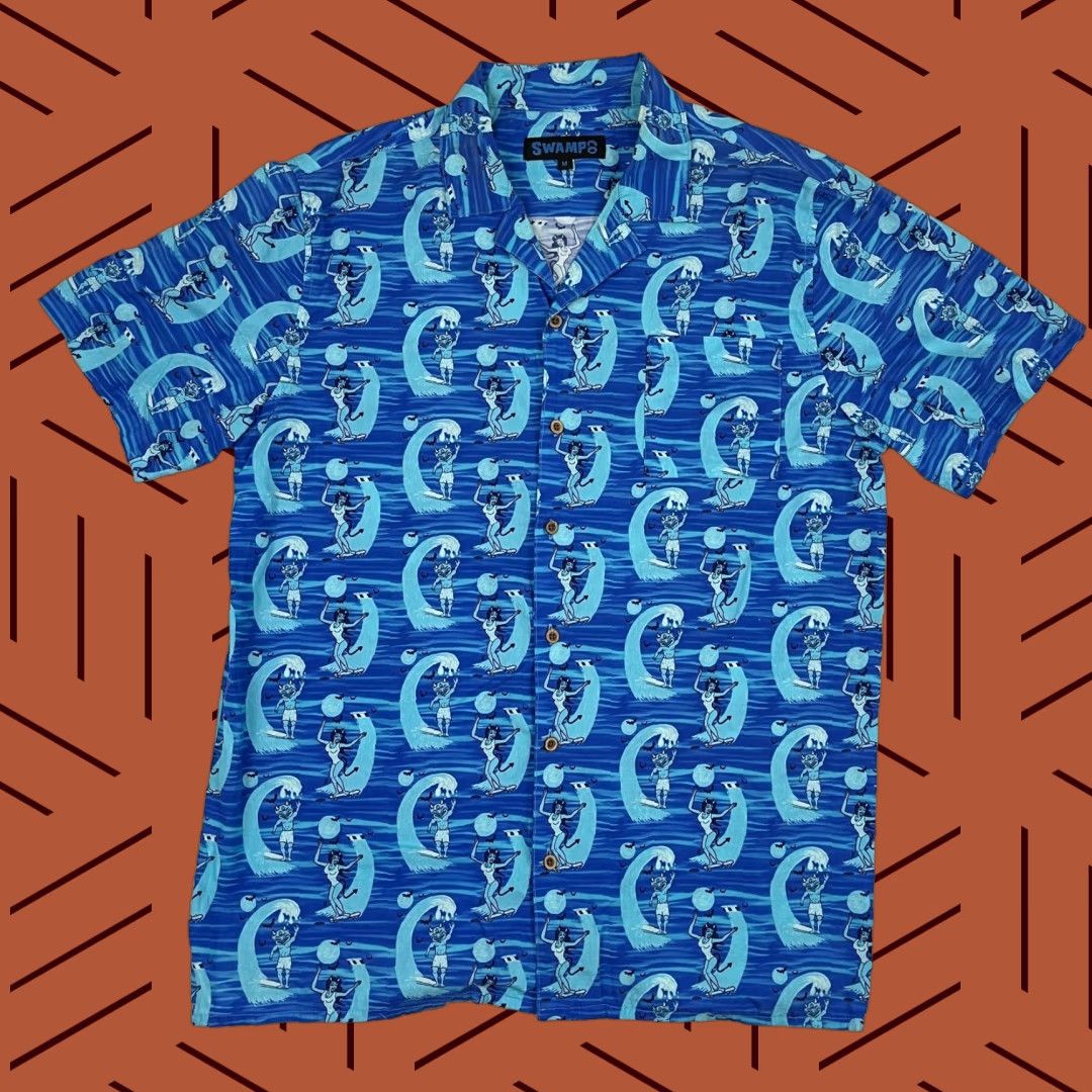 Vintage Swamps Hawaiian Shirt Mens M Blue Demon Devil Surf Cruise Vacation Tropical Camp