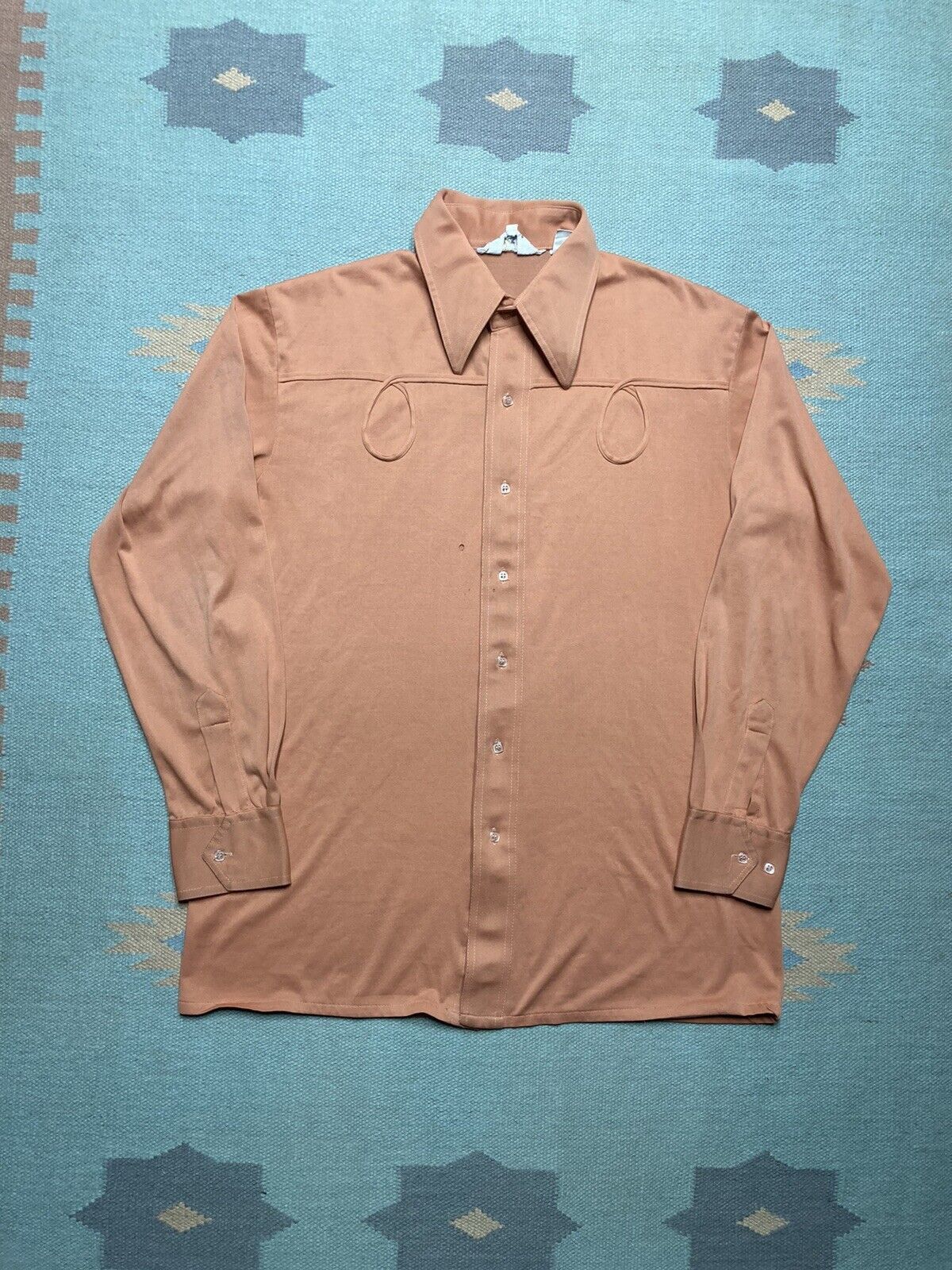 Vintage Vtg 70s Disco Shirt Polyester Dagger Collar Martini Coral Xl