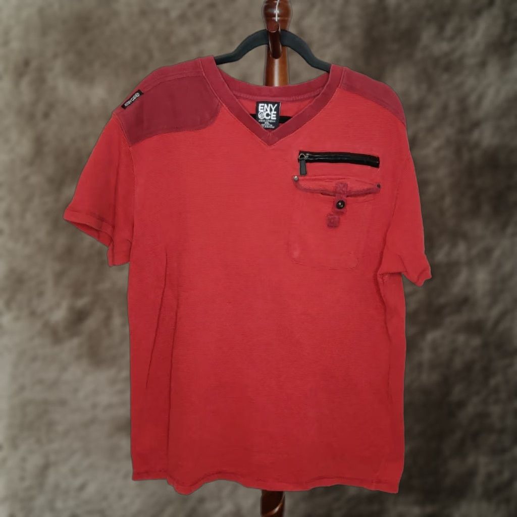 Vintage Enyoce T Shirt Mens 2xl Red V Neck Short Sleeve Pocket Zip Pocket Casual Shirt 2xl Mens Red