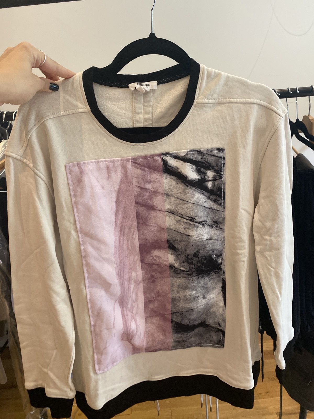Lang Helmut Lang Whige Graphic Crewneck T-Shirts, Hoodie, Sweatshirt | FlexRushtees.com