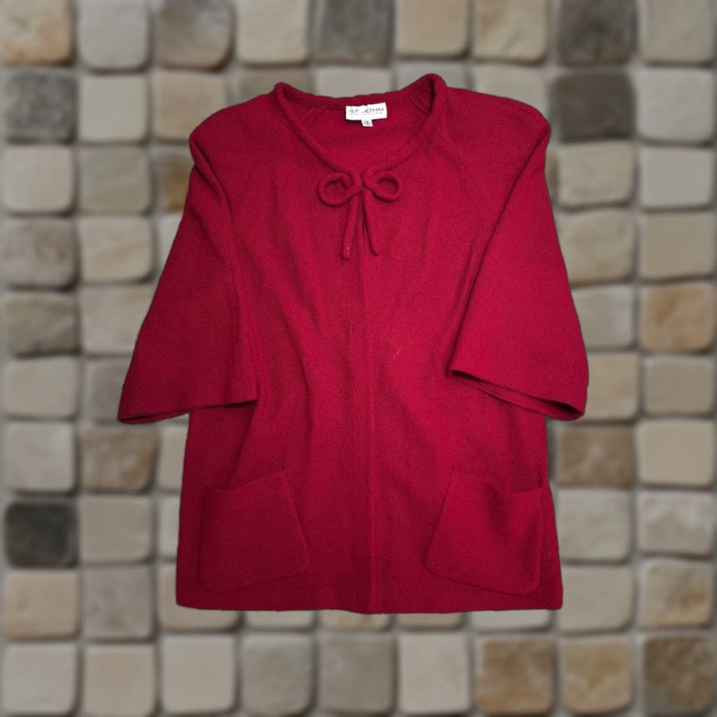Vintage St John Cardigan Sweater Womens 14 Red Raglan Sleeve Bow Knit Tight Knit Crew Neck Casual Fa