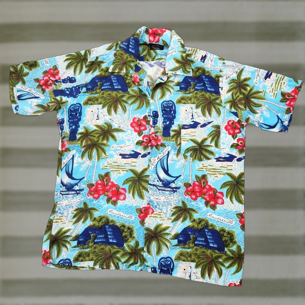 Vintage Manhattan Shirt Men L Blue Floral Hawaiian 60s 70s Floral National Theme 60s 70s Haw