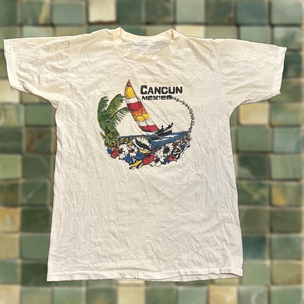 Vintage Cancun Mexico Sailboat T Shirt Slim Regular S White Unisex Adults 80s Beach 80s Mexi