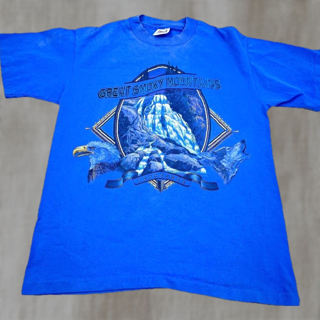 Vintage Anvil Shirts Smokey Mountains T Shirt Men Medium Blue Graphic Print Tee 80s Classic Co