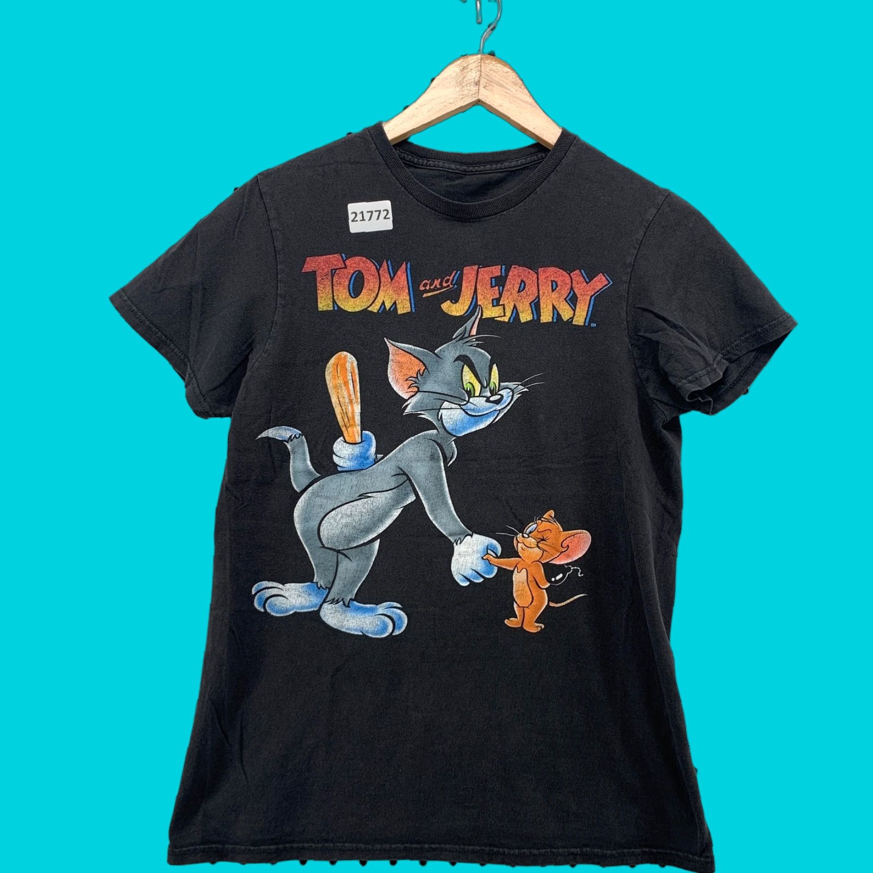 Vintage Tom And Jerry Shirt Black Womens Medium 17x25 Cartoon Tee Short Sleeve