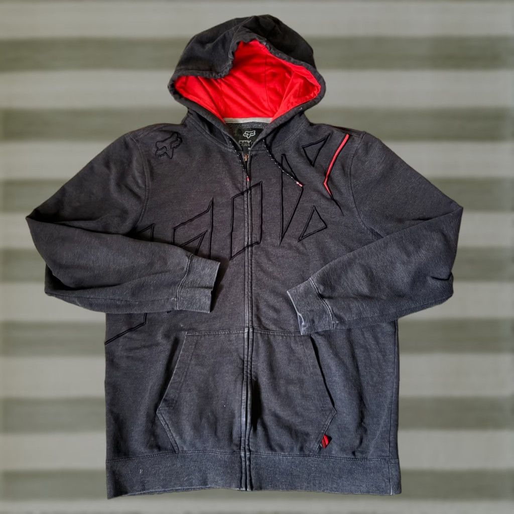 Racing Fox Racing Hoodie Graphic Print Full Zip Hooded Mens Size L Gray Red Crew Neck Long Sleev