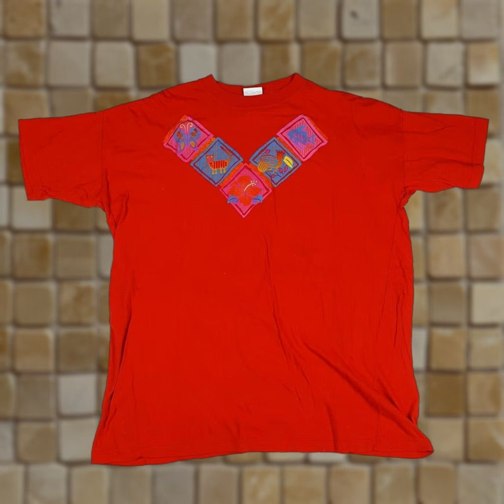 Vintage Vtg 90s Tropical Island Art Men S 2xl Red T Shirt Surf Fish Beach Summer Simply Basic Crew N