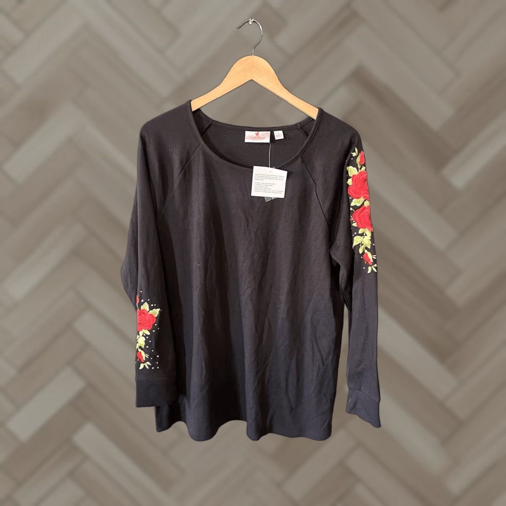 Quacker Factory Quaker Factory Womens Black Long Sleeve Floral Pattern Shirt Xl Nwt Modern Casual Em