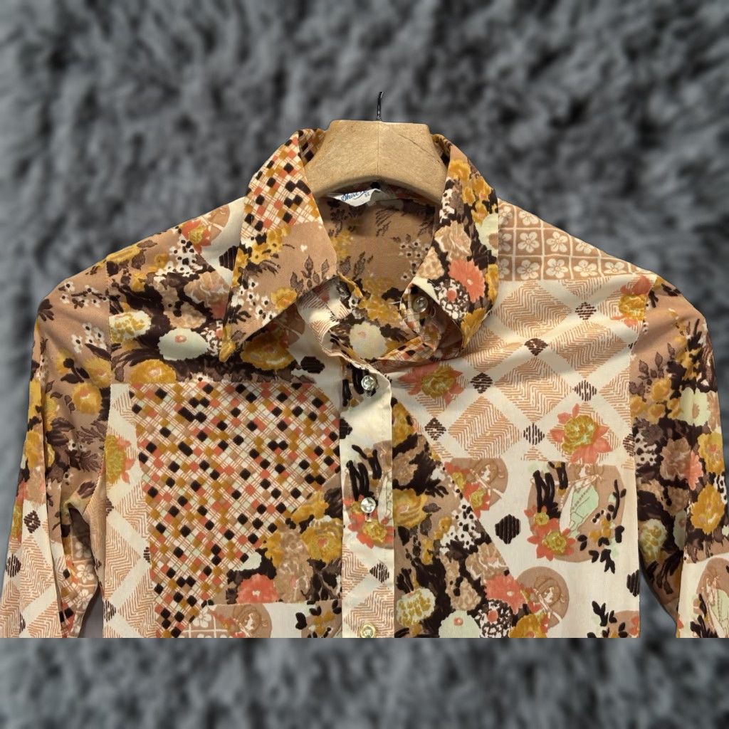 Etro Vtg 70s Butterfly Collar Polyester Shirt Psychedelic Retro Womens 32 Xs Floral Brown Mod Gogo