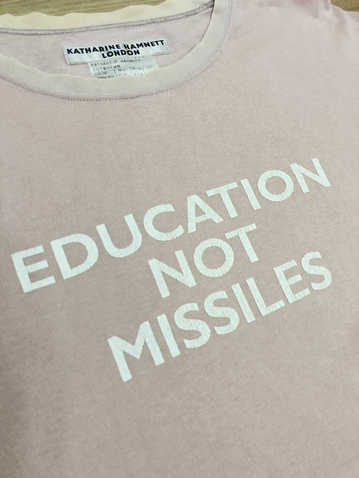 Katharine Hamnett London Archive 90s Education Not Missiles Slogan Shirt Hoodie, Sweatshirt | FlexRushtees.com