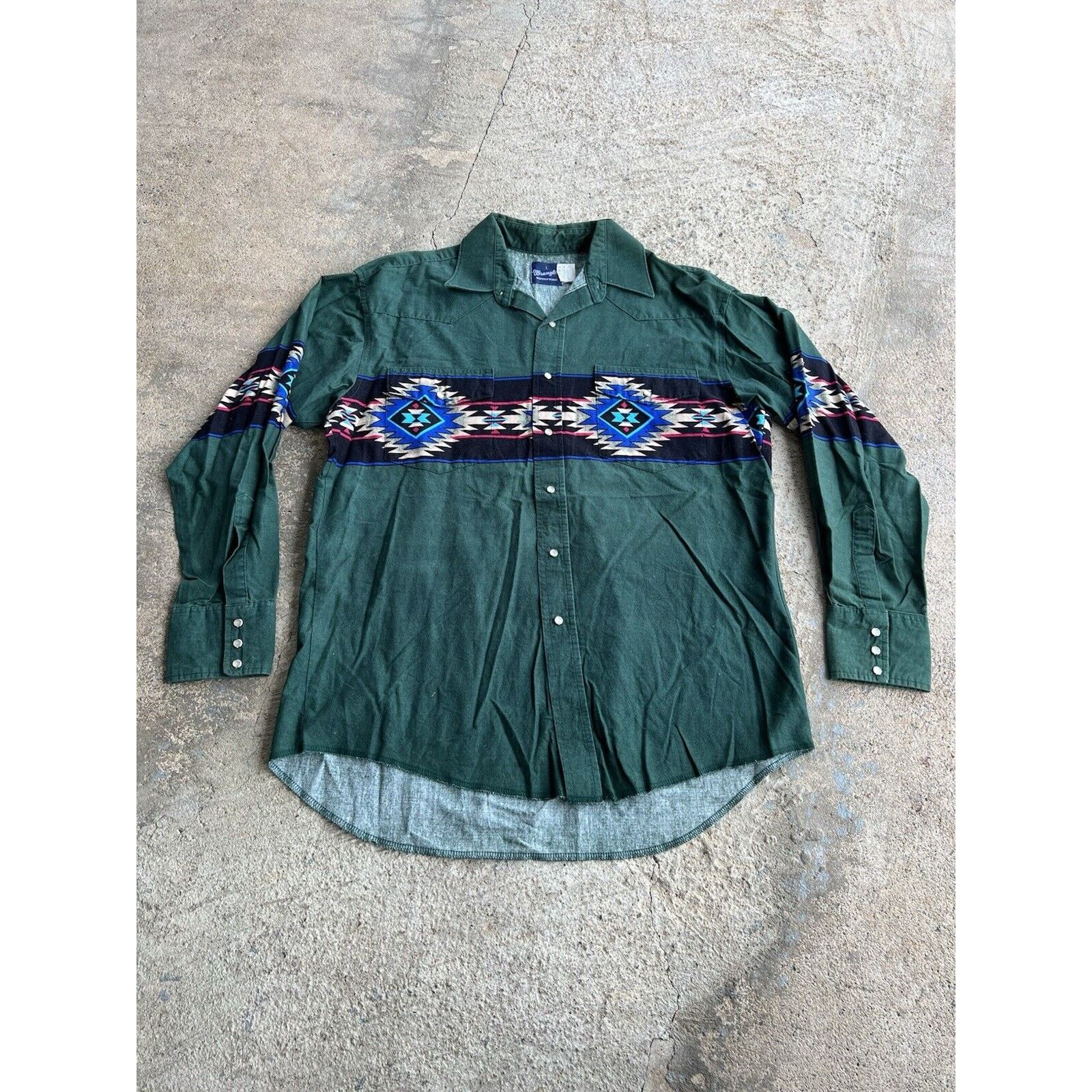 Vintage Wrangler Green Western Aztec Pearl Snap Shirt Xl