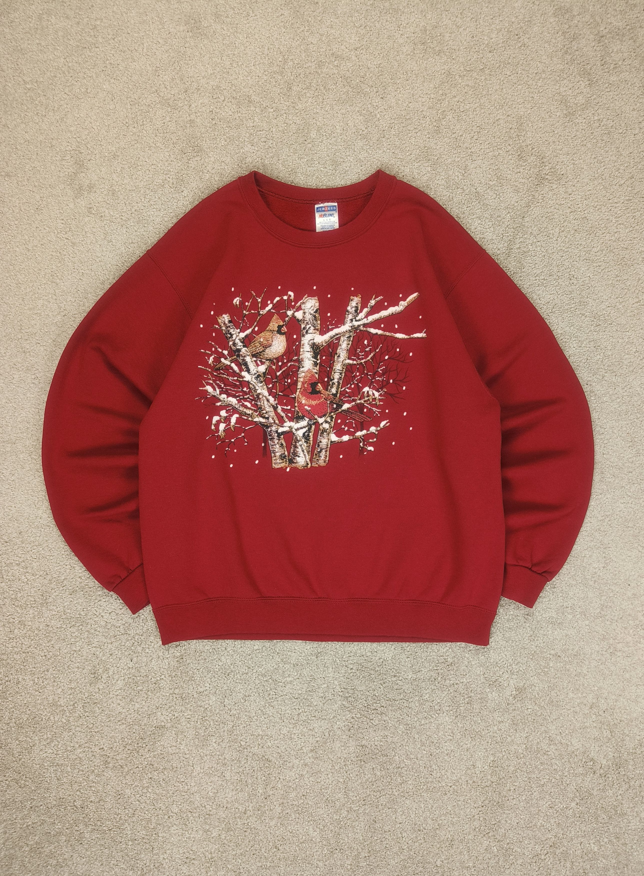 Jerzees 90s Cardinal Birds Winter Scene Graphic Sweatshirt T-Shirts, Hoodie | FlexRushtees.com