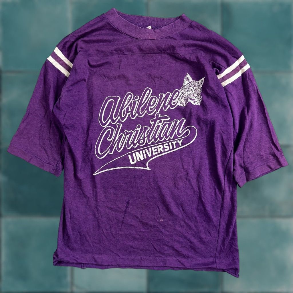 Vintage Abilene Christian University Texas 70s T Shirt Football Raglan Purple 1970s Mens L