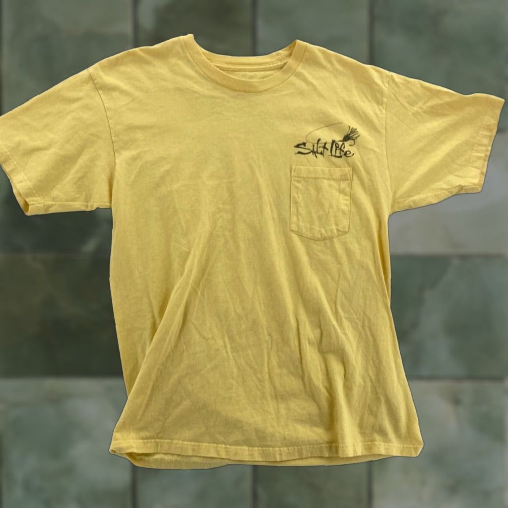 Vintage Salt Life T Shirt Mens L Yellow Marlin Flag Sailing Pocket Cotton Shirt Mens L Yellow Logo 9