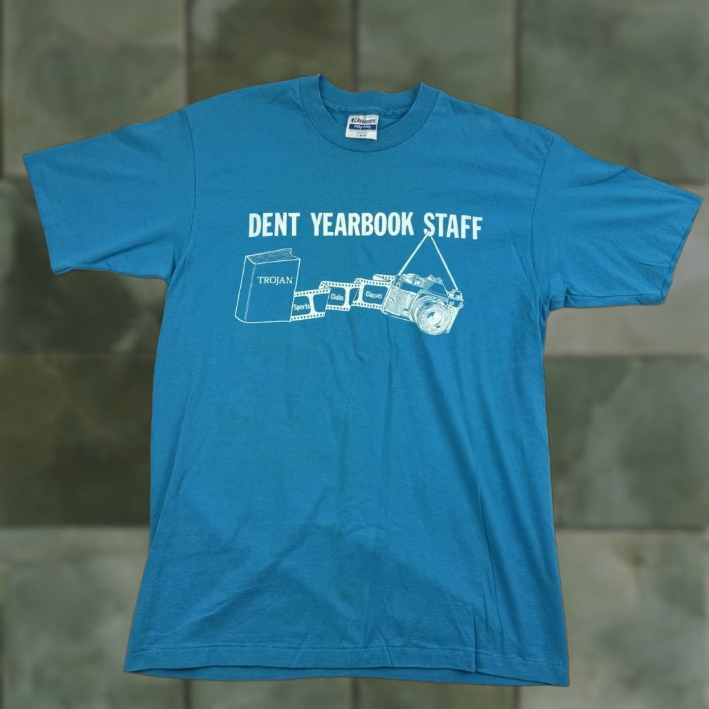 Hanes Vintage Dent Middle School Yearbook Staff Shirt Adult Large Blue 80s 90s Hanes T Shirt Men Cre Hoodie, Sweatshirt
