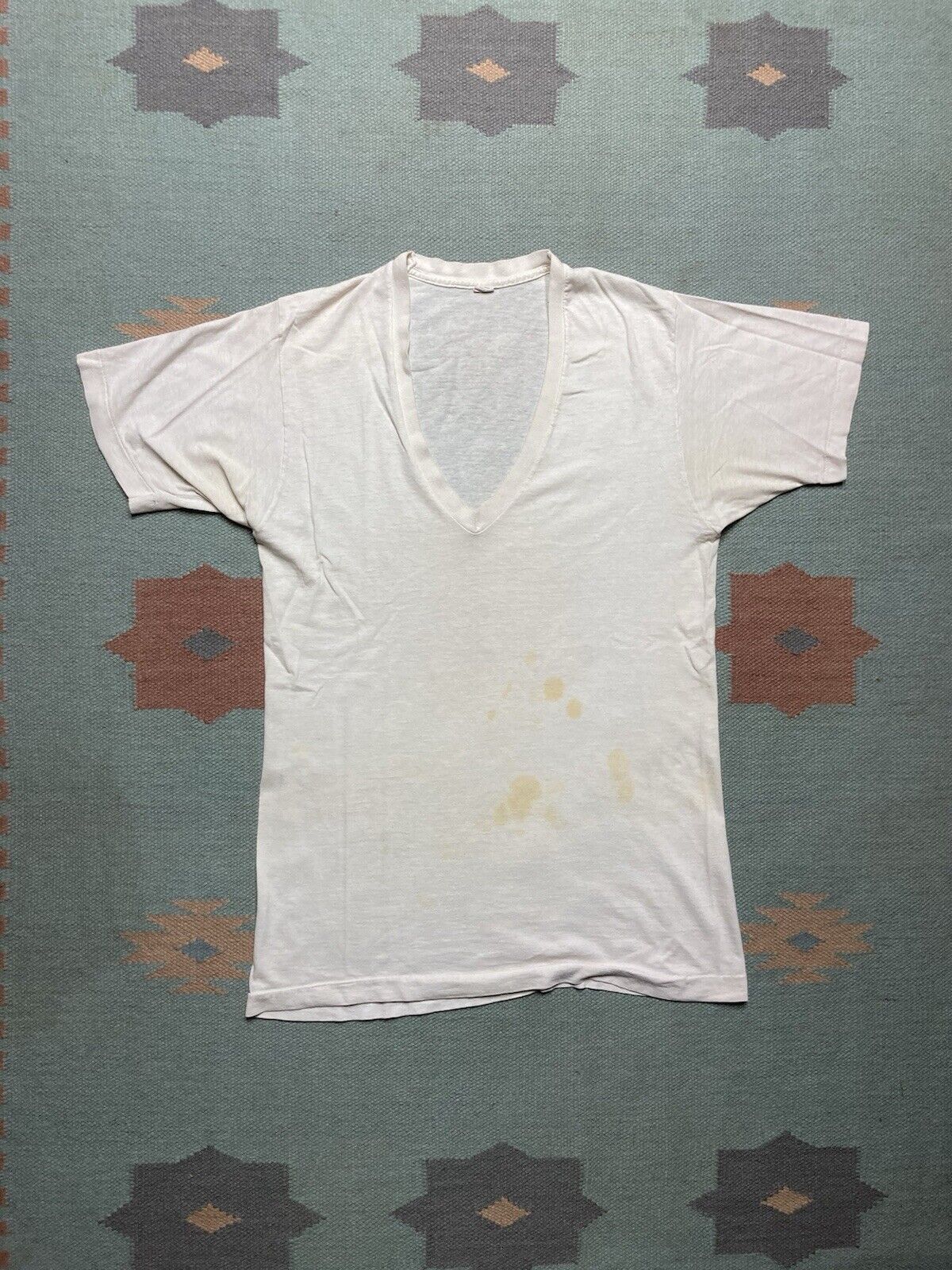 Vintage 70s Blank White T Shirt V Neck Fruit Of Loom Soft Cotton M
