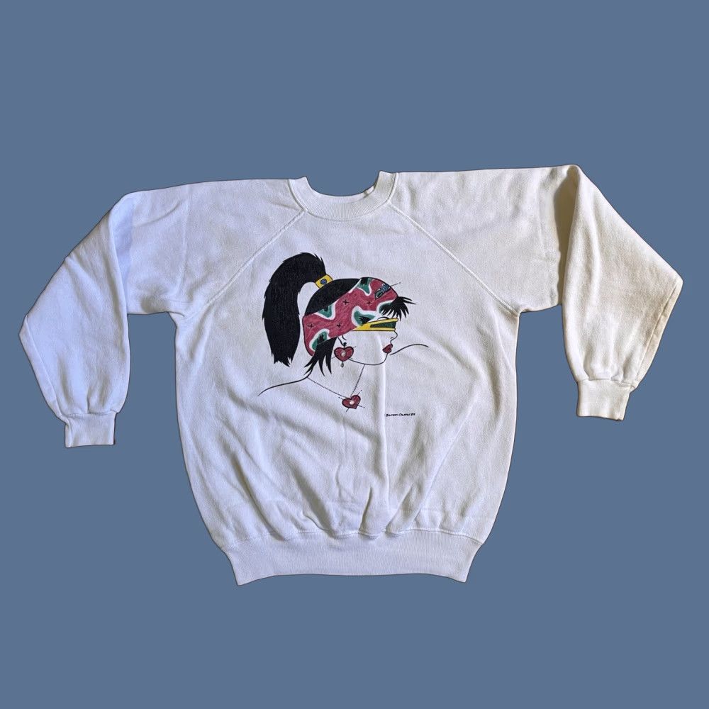 Vintage Hanes Sweatshirt Woman White 80s Graphic Print Raglan Sleeve M Womens Pullover