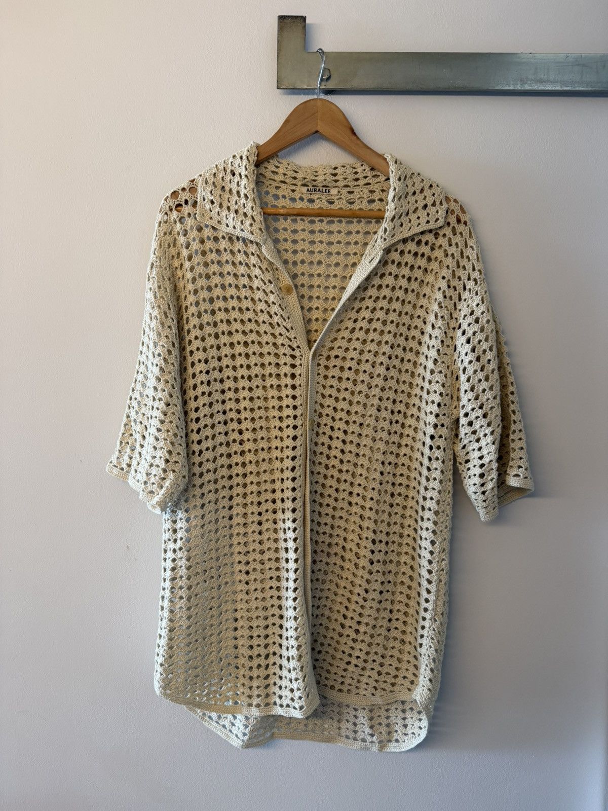 Auralee Drop Shoulder Cotton Crochet Shirt Mens Cream