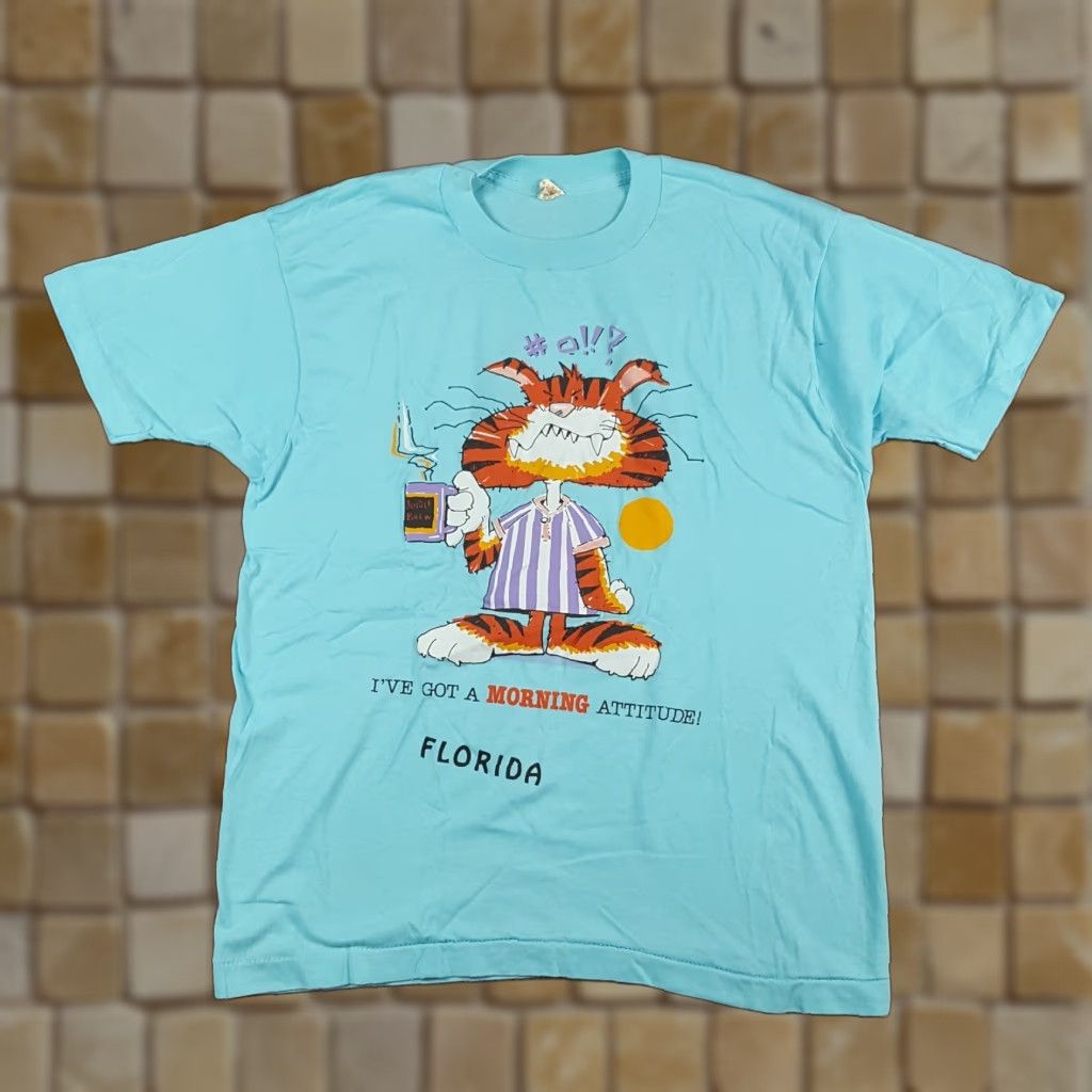 Vintage 90s Funny Morning Cat Cartoon Florida Men S T Shirt Screen Stars Cotton Blue Size M