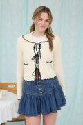 Contrast Trim Collared Front Tie Knit Cardigan