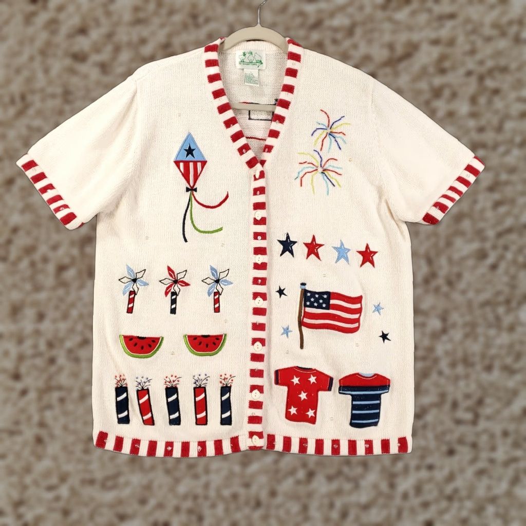 Factory Vintage Quacker Factory Patriotic Cardigan Sweater Womens Large Multicolor Usa Firew